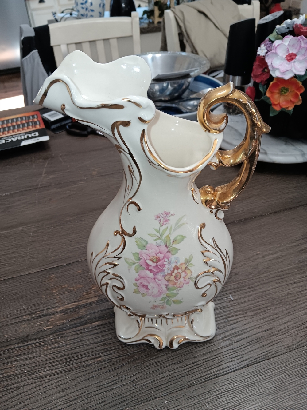 Cream Ceramic Pitcher with Pink Floral Design and Gold Accents